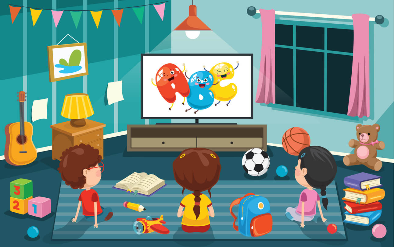 A cartoon image of children watching cartoons on TV.
