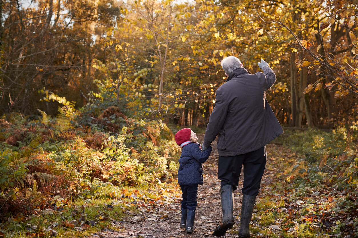 A grandfather walking with his young granddaughter in the forest on a cold but sunny autumn day.
