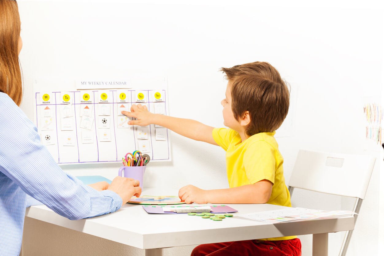 A child learning to use a visual calendar.