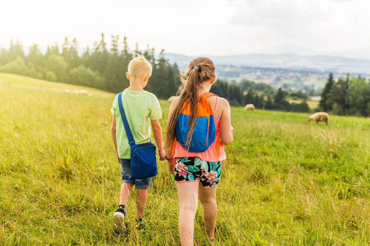 Deux enfants qui marchent dans un champ. 