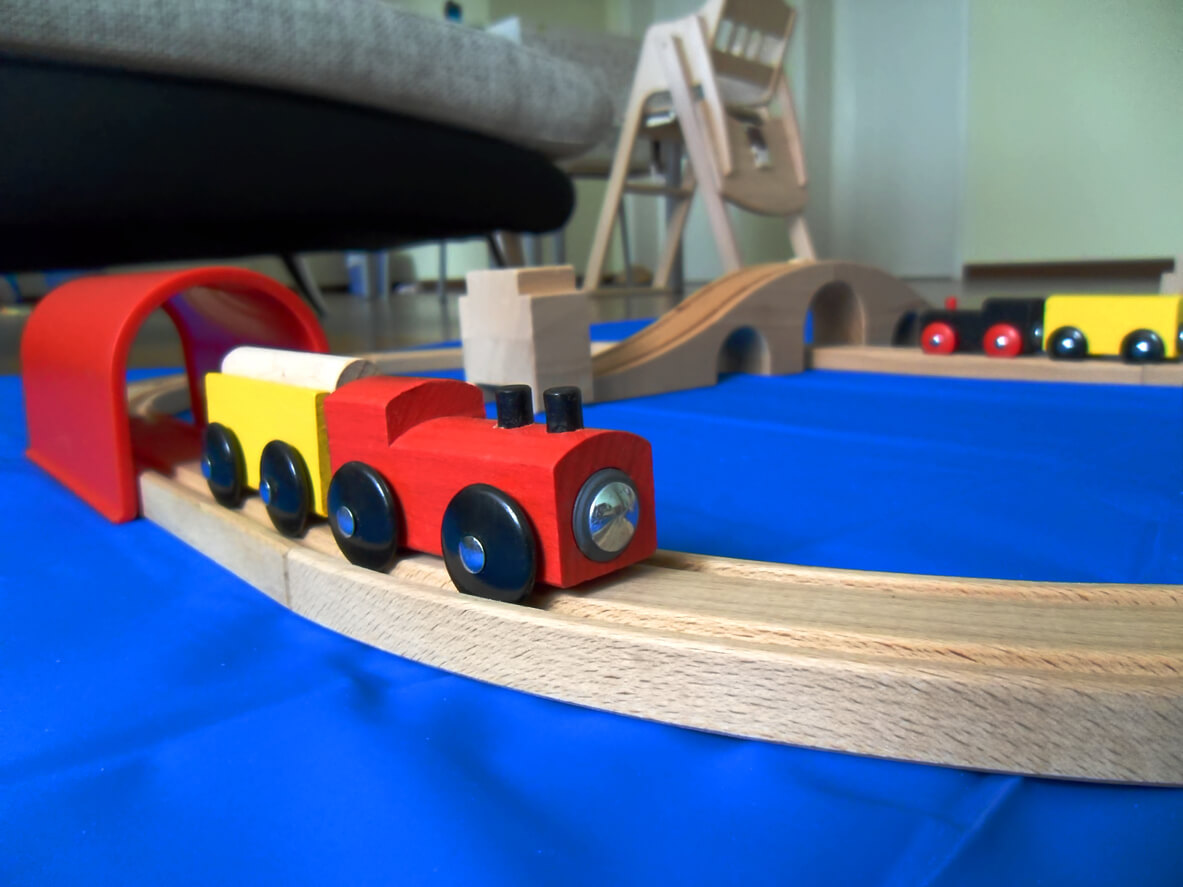 A wooden train set.