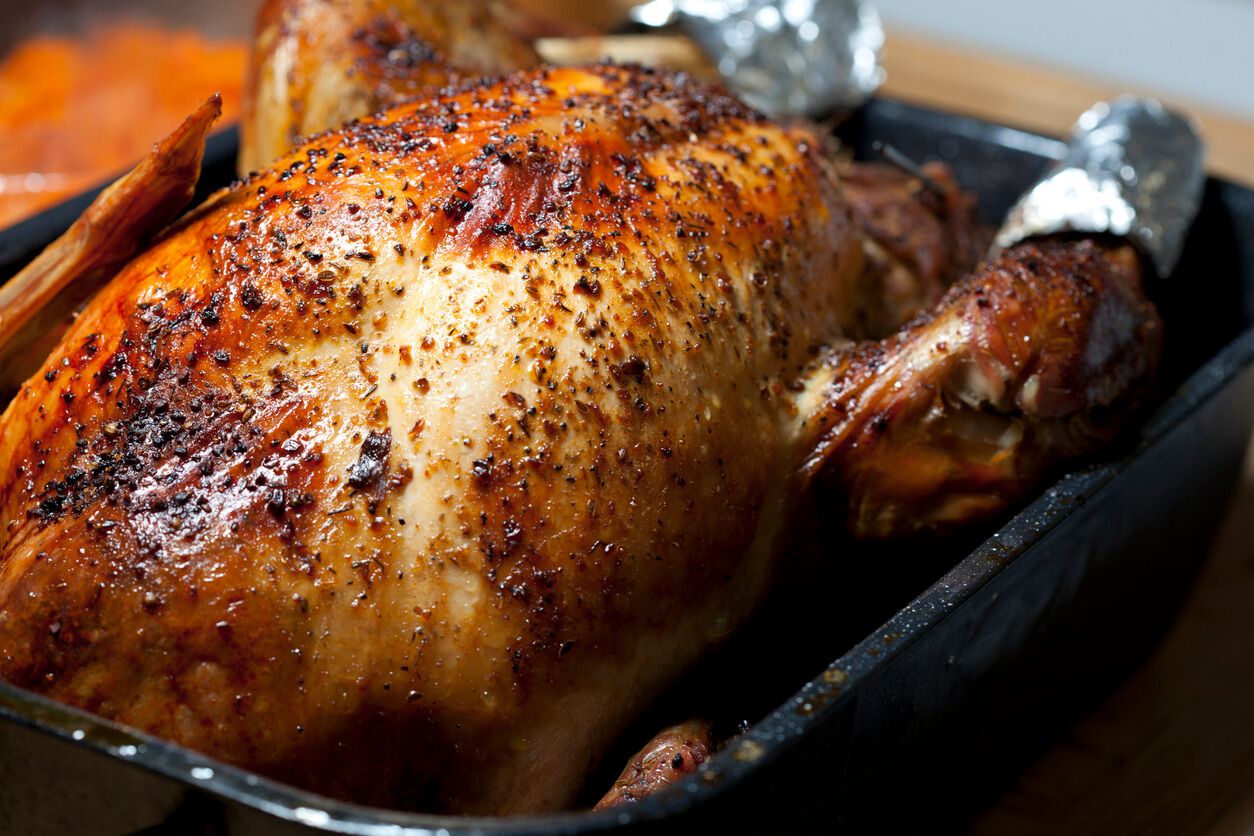 Baked turkey in a pan.
