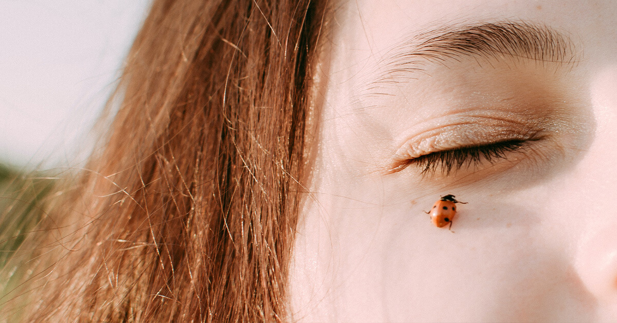 Une coccinelle sur le visage d'une femme. 