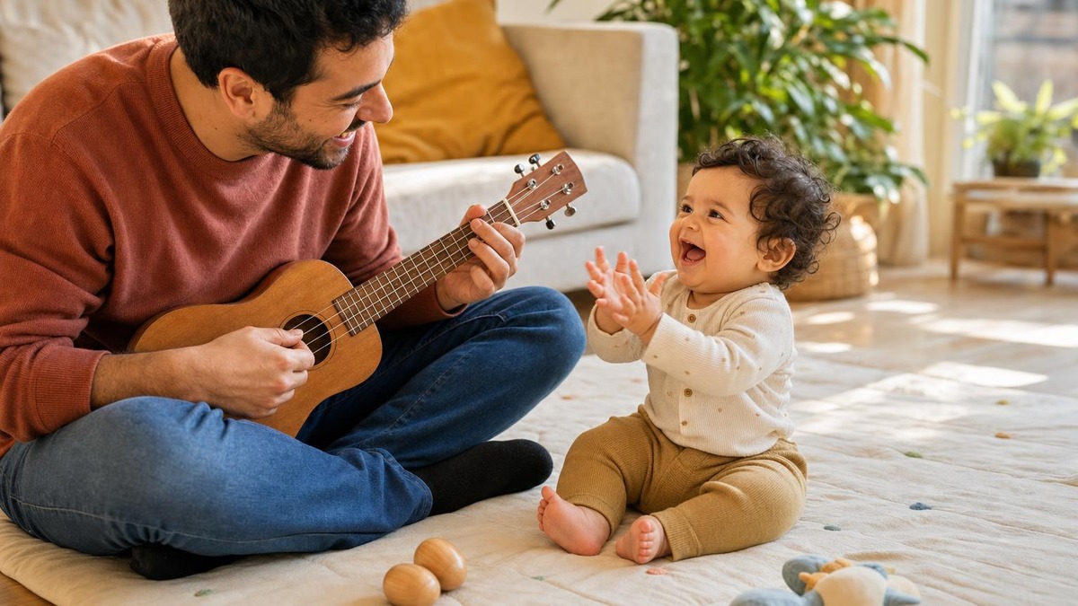 Bebé ríe y aplaude mientras su padre toca un ukelele