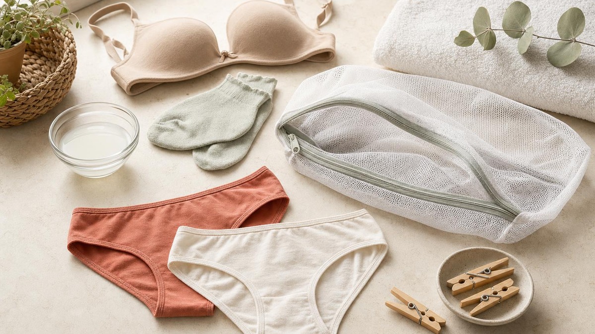 Ropa interior separada junto a una bolsa de lavado para prendas delicadas