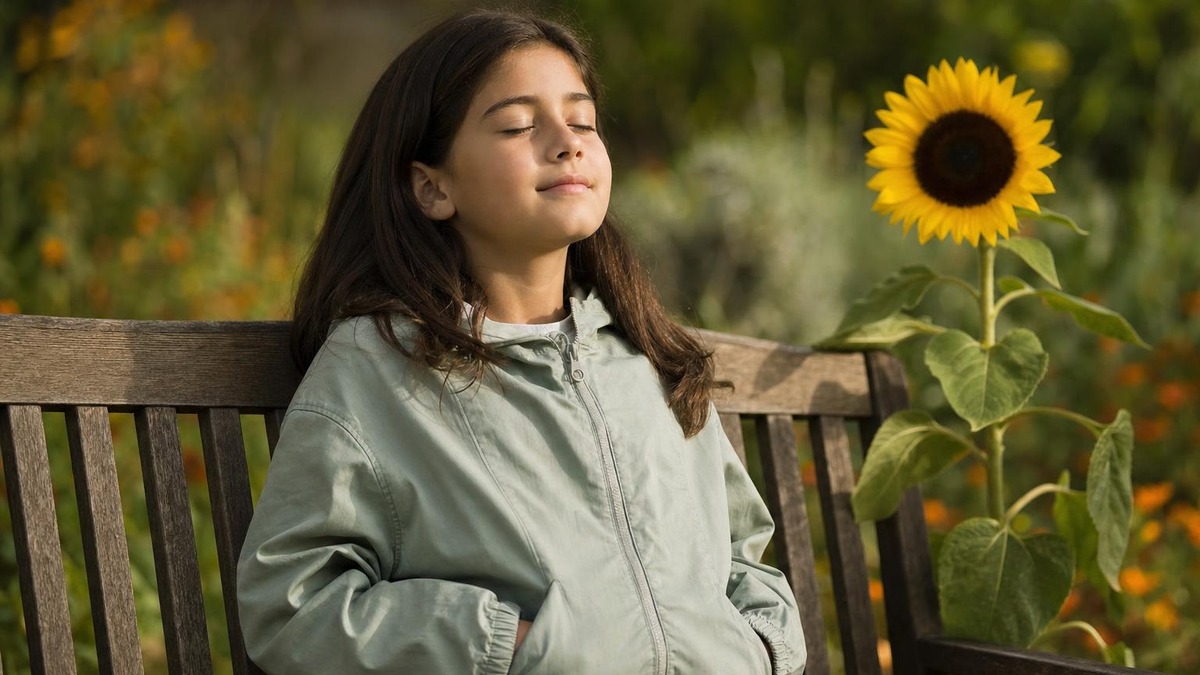 Niña con los ojos cerrados junto a un girasol mientras memoriza el momento