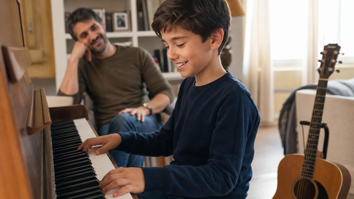 Niño toca el piano en casa mientras su padre lo escucha con una sonrisa