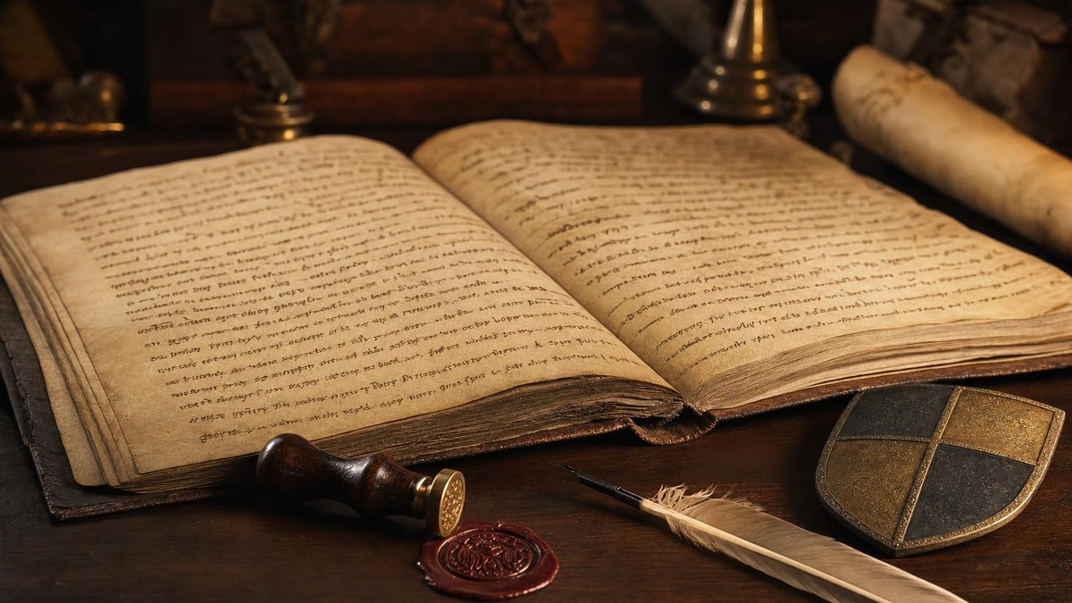 Libro antiguo abierto junto a una pluma, un sello de cera y un escudo sobre una mesa de madera
